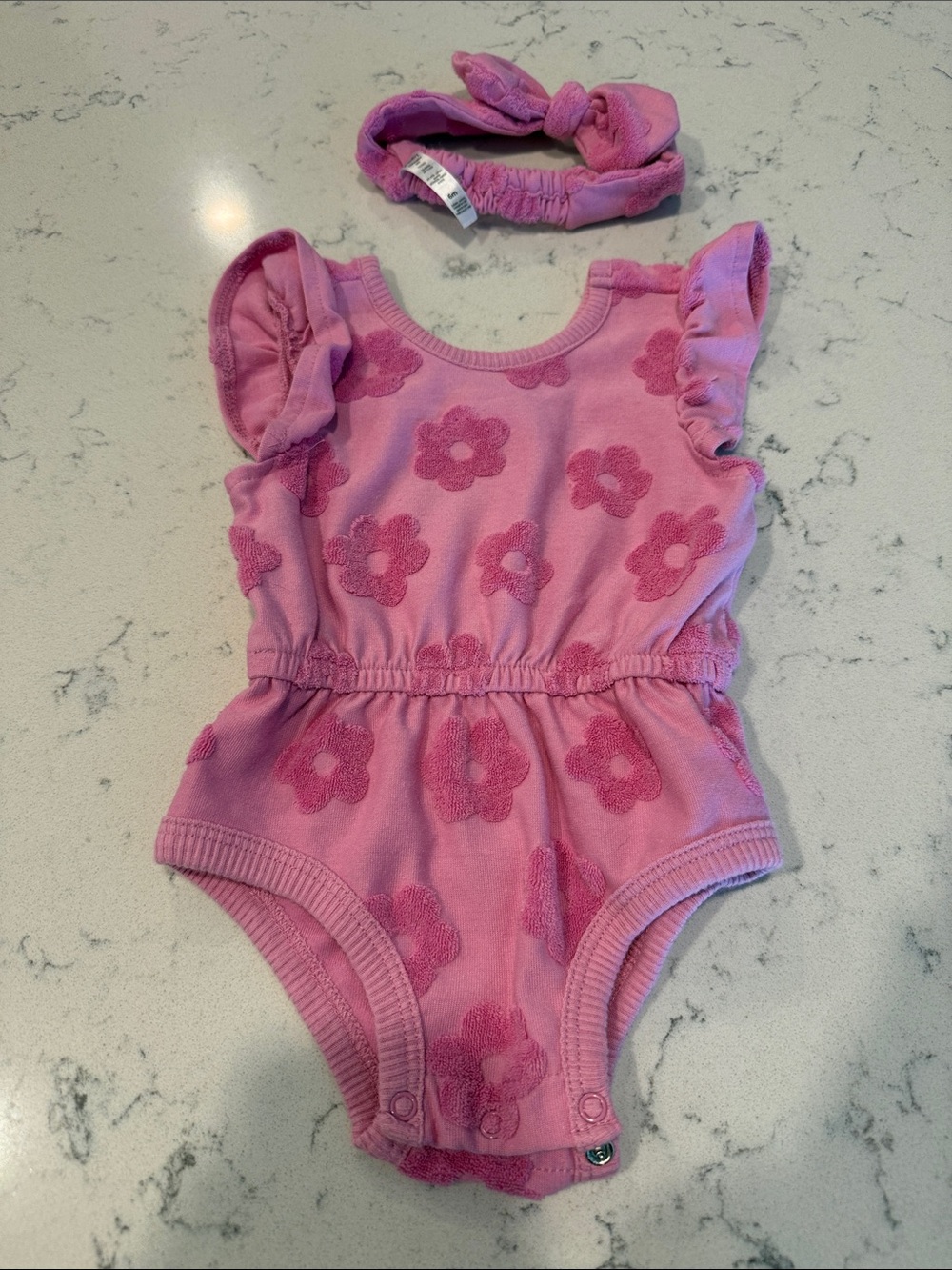 Girls Pink Floral Ruffle-Sleeve One-Piece Bodysuit with Headband